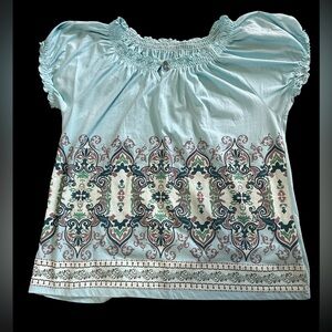 Faded Glory Size XL -Women’s Light Blue Smocked Neck Top with Boho Border Print